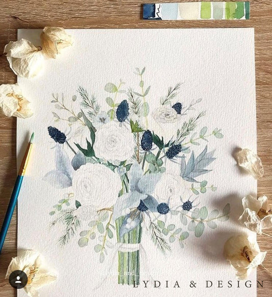 A4 Custom Flower Bouquet Watercolor Portrait – Hand-Painted Wedding Bouquet Keepsake