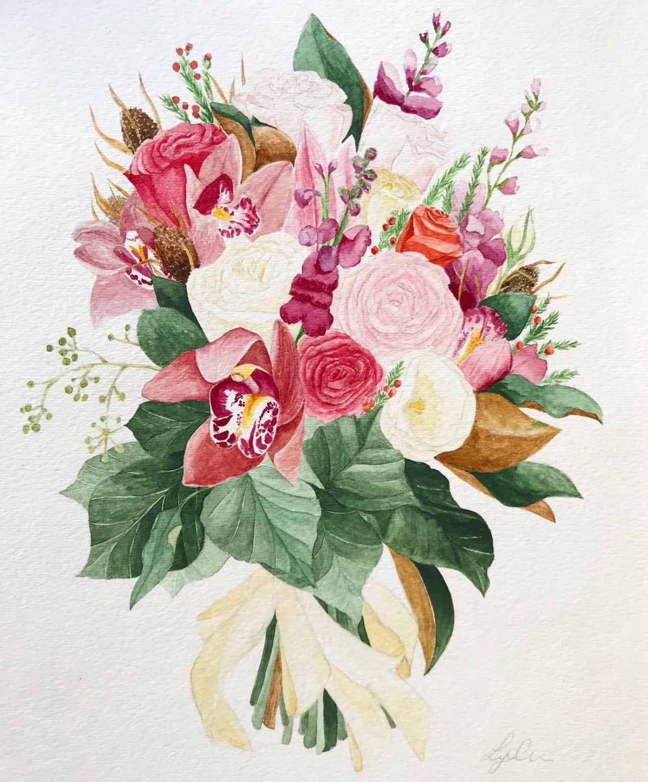 Detailed Style - Custom Flower Bouquet Watercolor Portrait